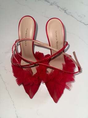 Andrea Wazen Denver Red Tulle Ruffle Pumps with Swarovski Crystal Straps
